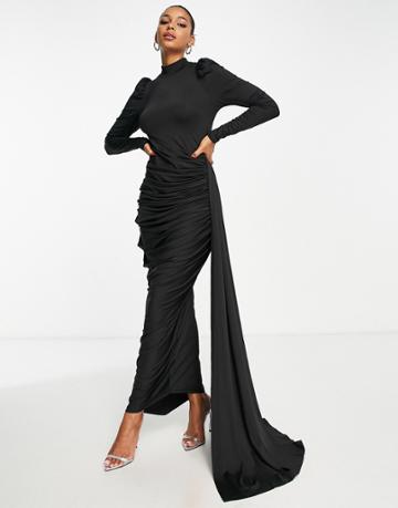 Vl The Label Modest Draped Long Sleeve Maxi Dress In Black