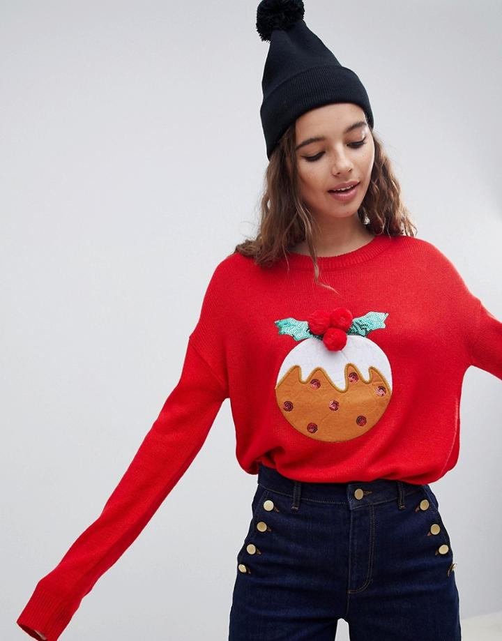 Brave Soul Pud Christmas Sweater With Pom Poms - Red