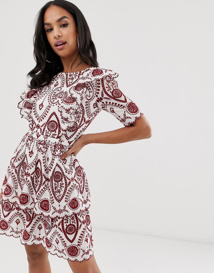 Naf Naf Romantic Volant Dress With Sleeves And Belt Ornamental Print - Multi