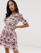 Naf Naf Romantic Volant Dress With Sleeves And Belt Ornamental Print - Multi
