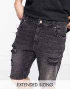 Asos Design Skinny Denim Shorts In Black With Rips