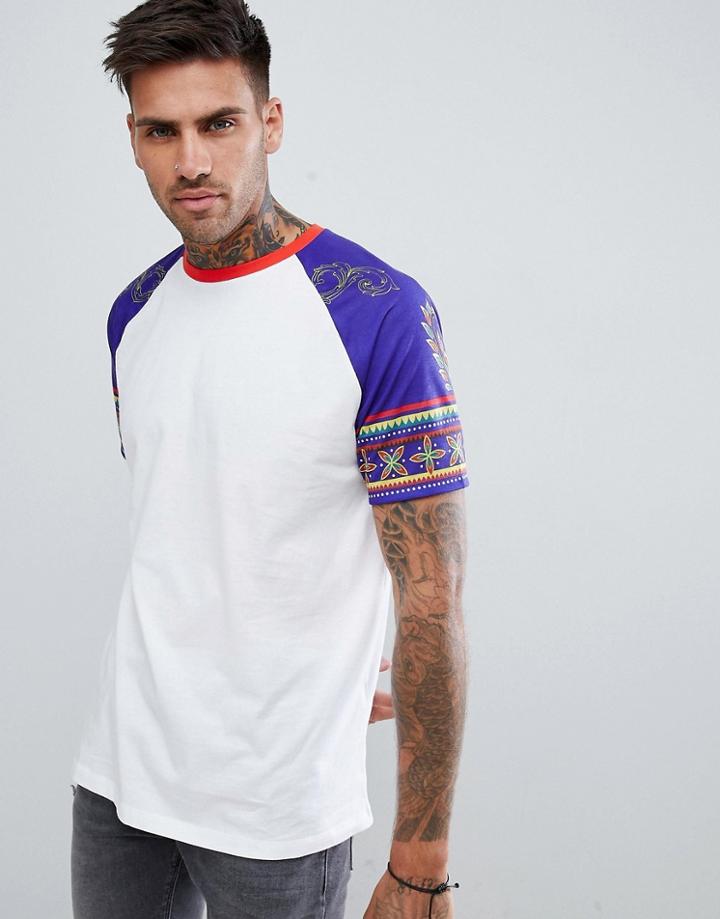Asos Design Relaxed T-shirt With Floral Geo-tribal Printed Sleeves - White