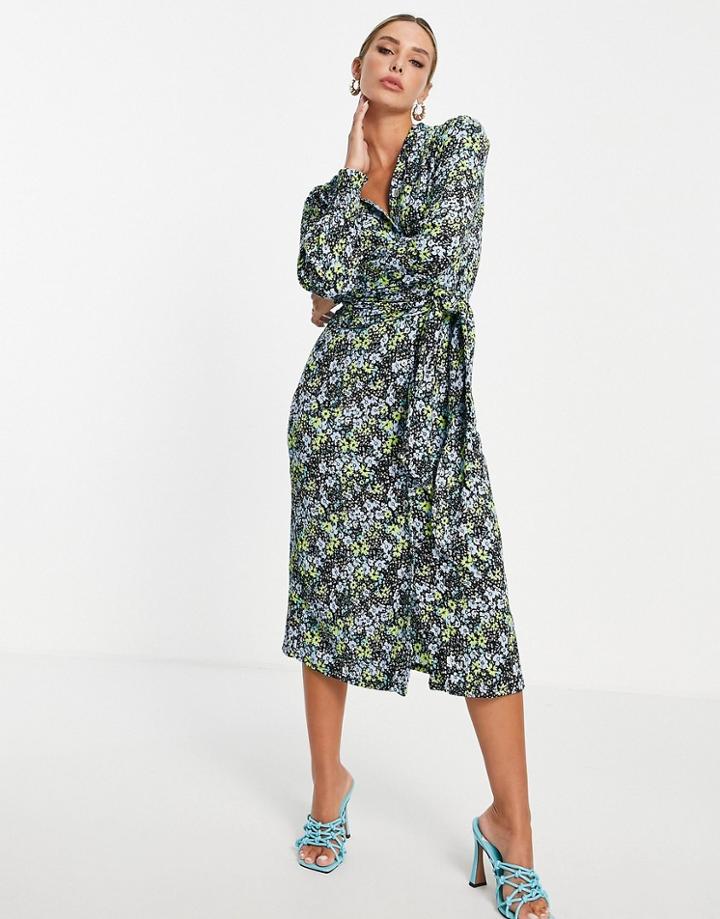 River Island Floral Wrap Midi Dress In Green