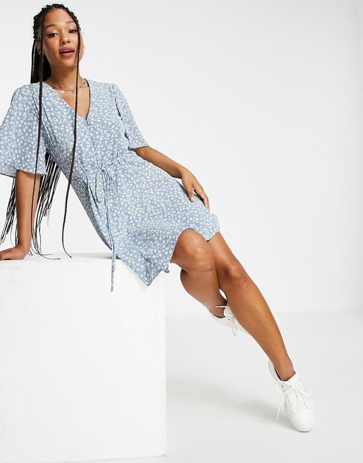 Asos Design Button Through Tie Back Mini Tea Dress With Angel Sleeve In Duck Egg Floral Print-multi