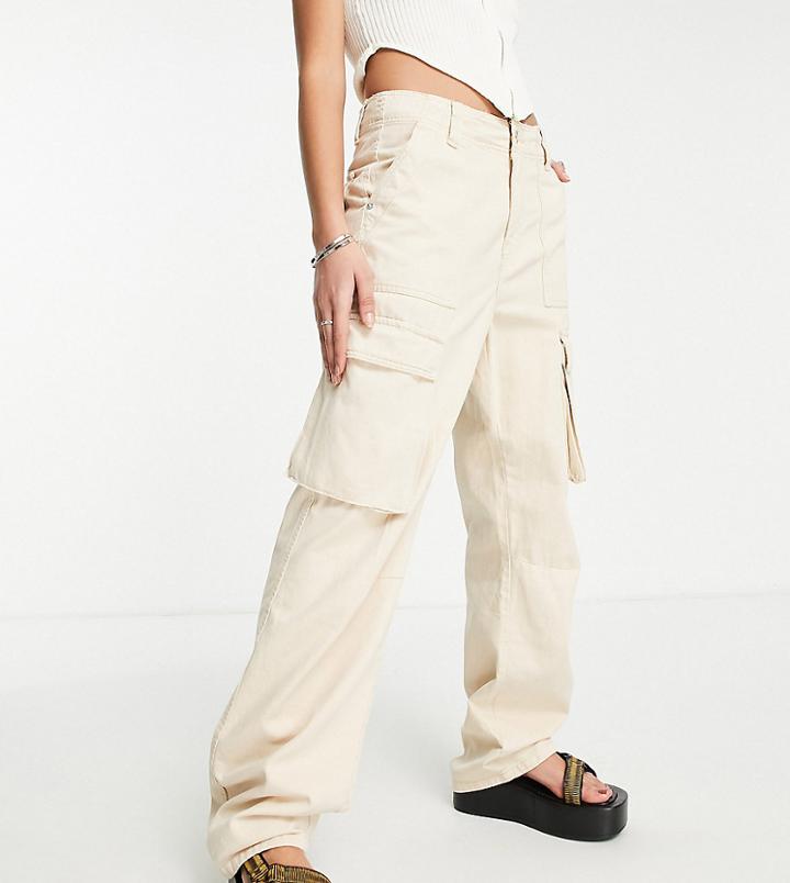 Bershka Petite Straight Leg Cargo Pants In Sand-neutral