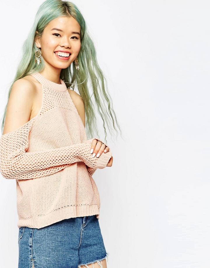 Asos Sweater With Cold Shoulder In Mesh Stitch - Nude