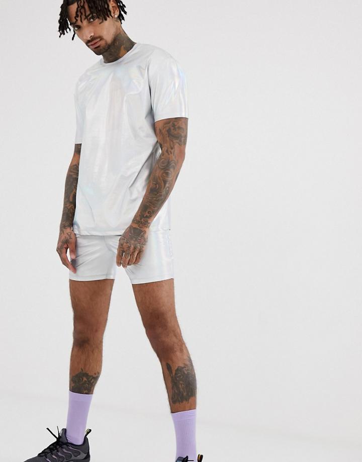 Asos Design Two-piece Festival Relaxed T-shirt In Iridescent Metallic Fabric - Silver