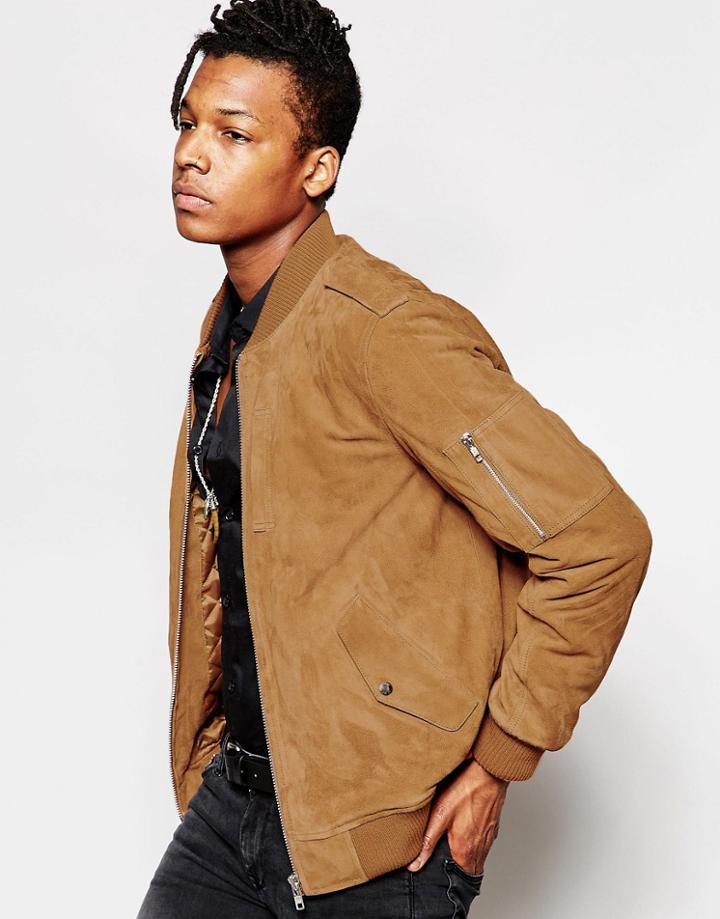 Asos Military Suede Bomber Jacket With Ma1 Pocket In Tan - Tan