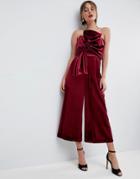 Asos Jumpsuit With Knot And Drape Detail In Velvet - Purple