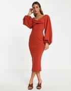 Asos Design Balloon Sleeve Cowl Midi Dress With Open Back In Rust-orange