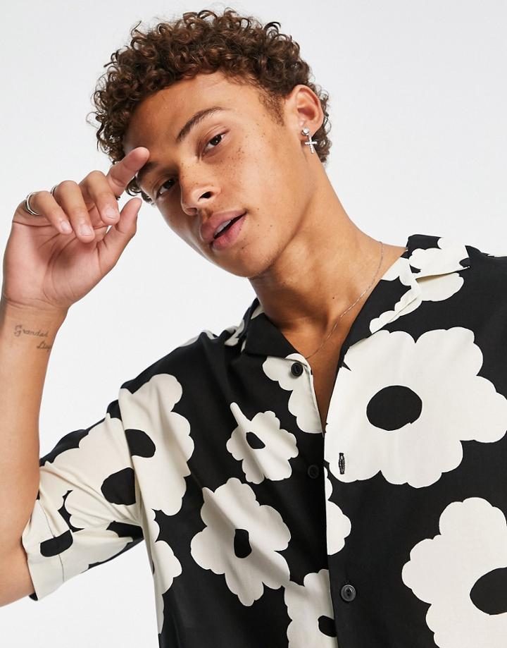 Pull & Bear Flower Print Shirt In Navy