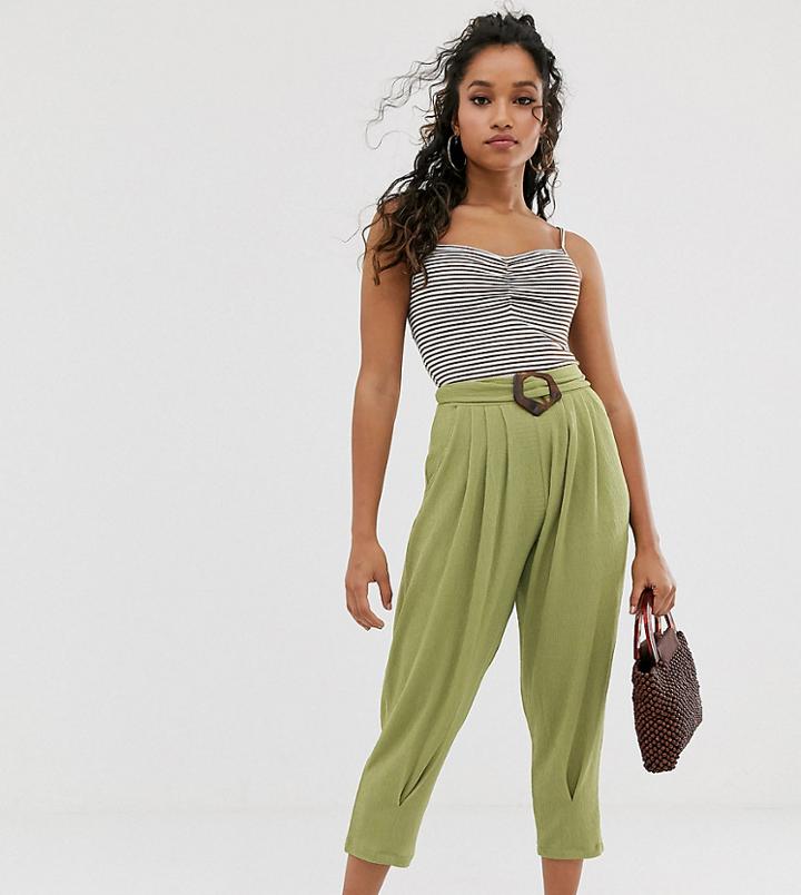 Asos Design Petite Textured Balloon Pants With Buckle-green