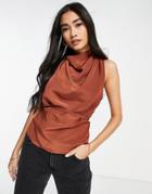 Asos Design Cowl Neck Sleeveless Blouse With Skinny Tie Waist Detail In Coconut-multi