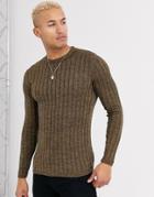 Asos Design Muscle Fit Wide Ribbed Sweater In Tan Twist