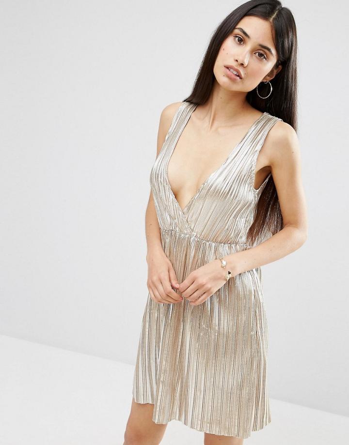 Oh My Love Metallic Pleat Plunging V Wrap Dress - Silver