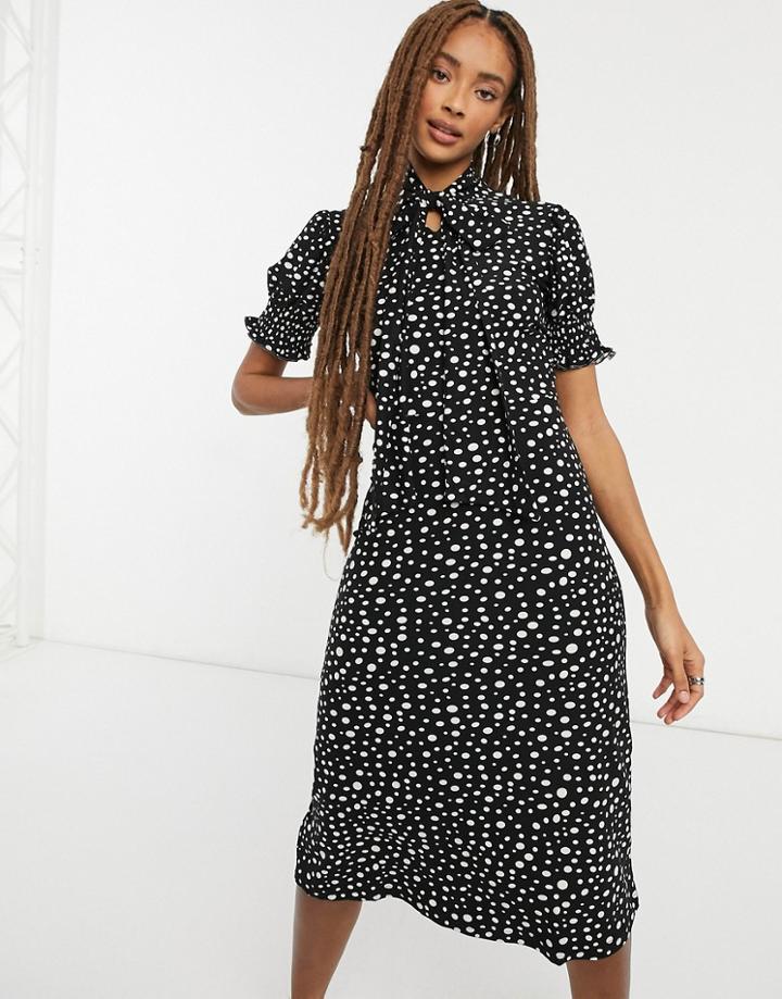 Qed London Soft Touch Midi Dress With Tie Neck In Polka Dot-black