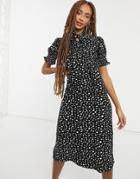 Qed London Soft Touch Midi Dress With Tie Neck In Polka Dot-black
