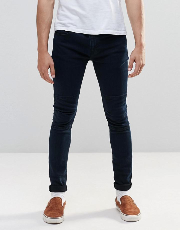 Pull & Bear Super Skinny Jeans In Dark Wash Blue With Knee Detail - Dark Blue