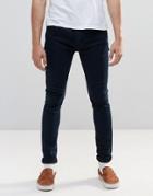 Pull & Bear Super Skinny Jeans In Dark Wash Blue With Knee Detail - Dark Blue