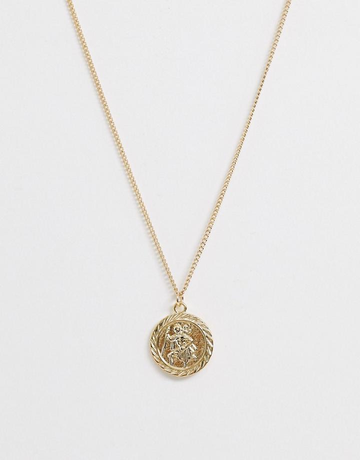 Asos Design Necklace With St Christopher Coin Pendant In Gold Tone - Gold