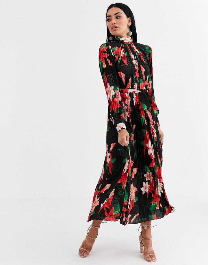 Forever U Satin Pleated Midaxi Dress In Dark Floral-multi