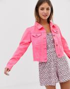 Brave Soul Fitz Crop Denim Jacket In Neon - Pink
