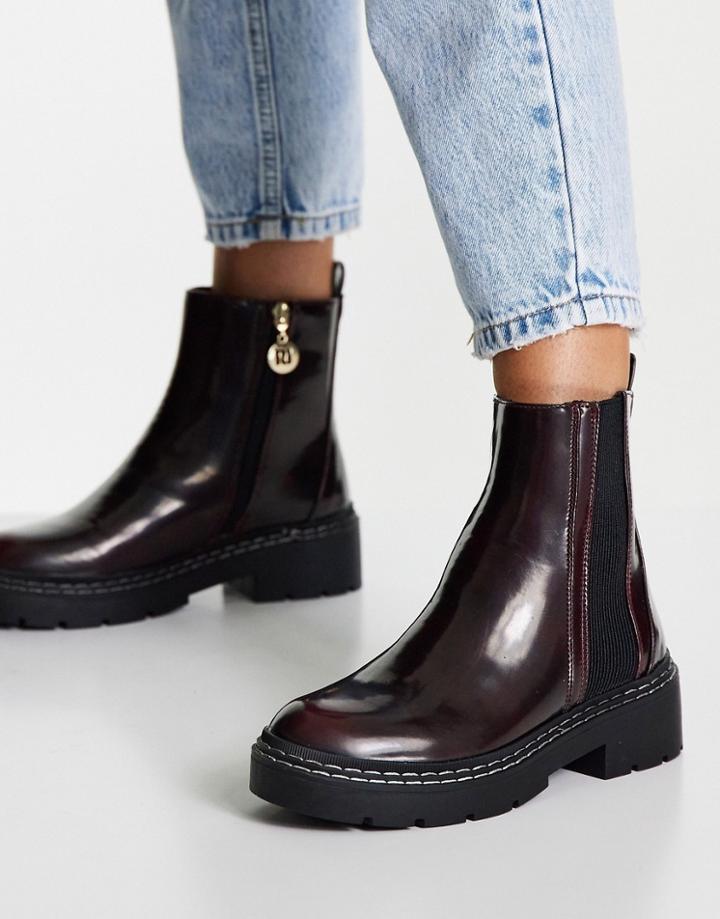 River Island Chunky Paneled Gusset Flat Boot In Burgundy-red