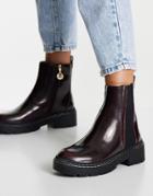 River Island Chunky Paneled Gusset Flat Boot In Burgundy-red