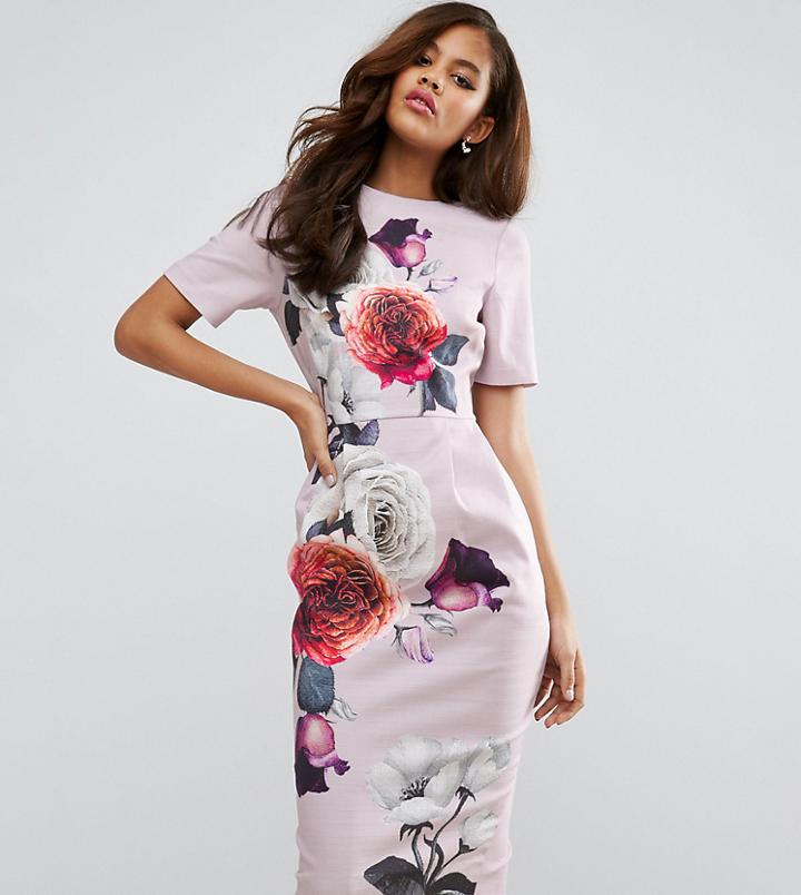 Asos Tall Smart Woven Midi Dress With V Back In Rose Placement Floral - Multi