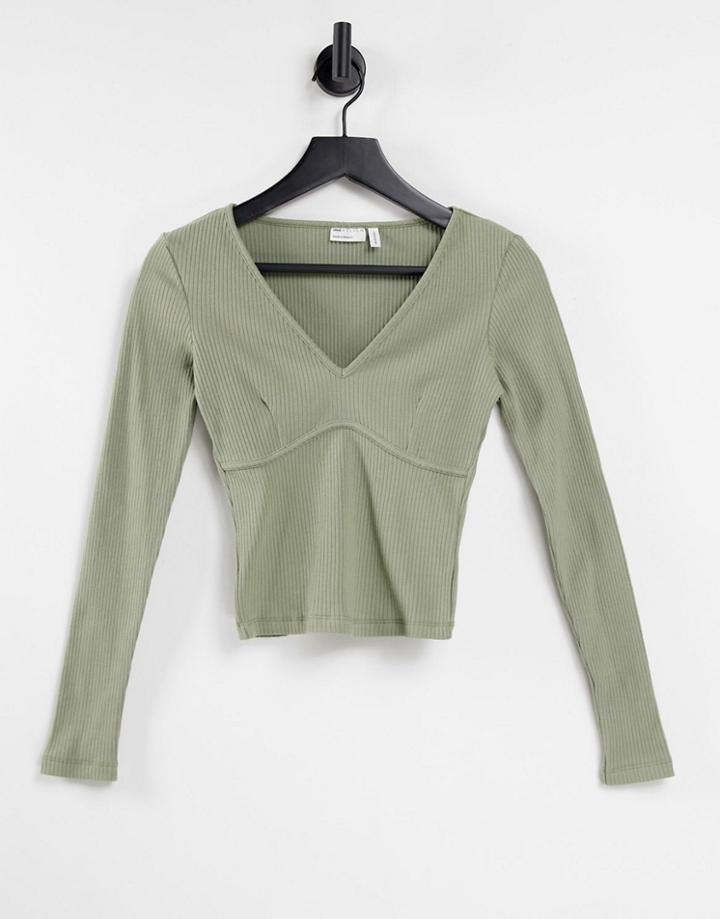 Asos Design Top With Plunge Neck And Bust Seam In Rib In Olive-green