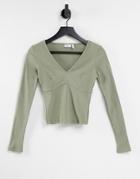 Asos Design Top With Plunge Neck And Bust Seam In Rib In Olive-green