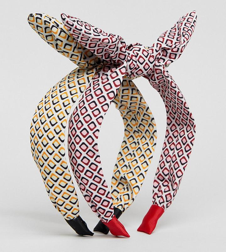 Asos Design Pack Of 2 Bow Headbands In Mixed Geo Prints - Multi