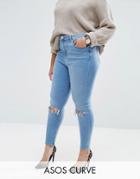 Asos Curve High Waist Ridley Skinny Jeans In Mid Wash With Rips - Blue