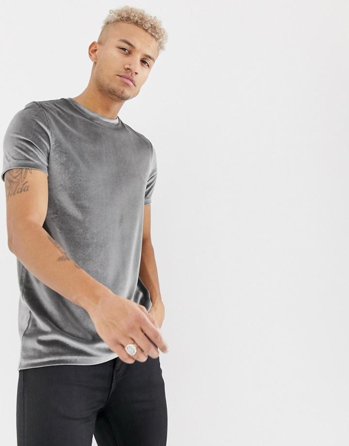 Asos Design Longline Velour T-shirt In Gray - Gray