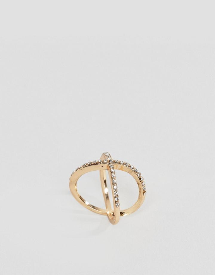 Designb London Gold Crystal Delicate Kiss Ring - Gold