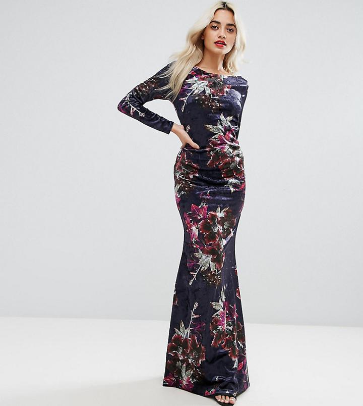 City Goddess Petite Long Sleeve Velvet Maxi Dress - Red