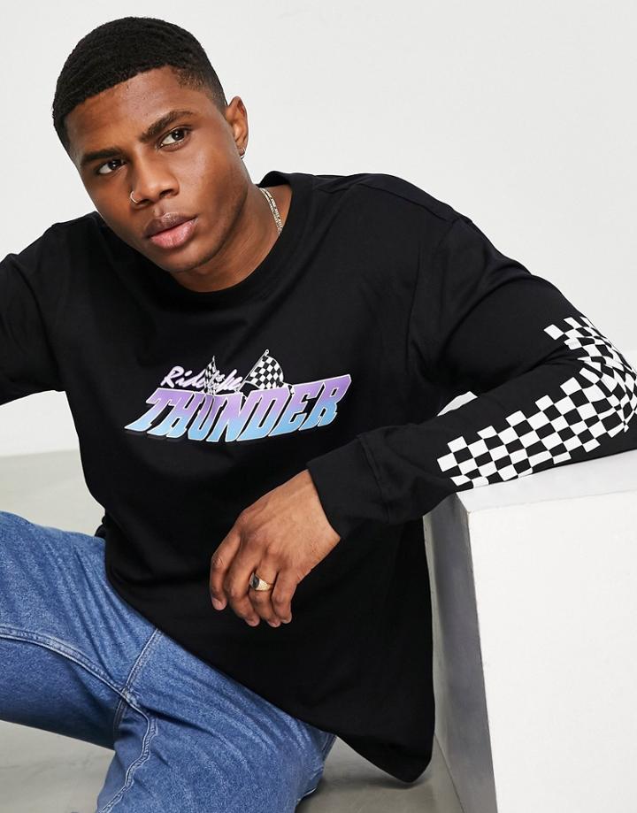 Bershka Long Sleeve Racer Printed T-shirt In Black