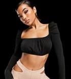 Asyou Long Sleeve Ruched Front Crop Top In Black