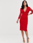 Asos Long Sleeve Lace Midi Pencil Dress-red