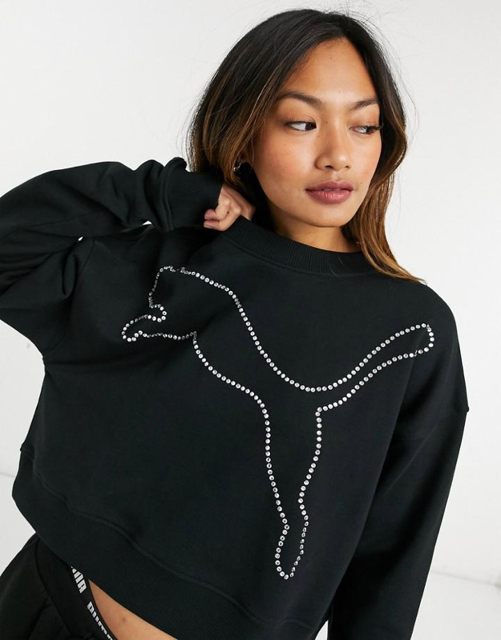 Puma Cropped Sweatshirt With Rhinestone Logo In Black