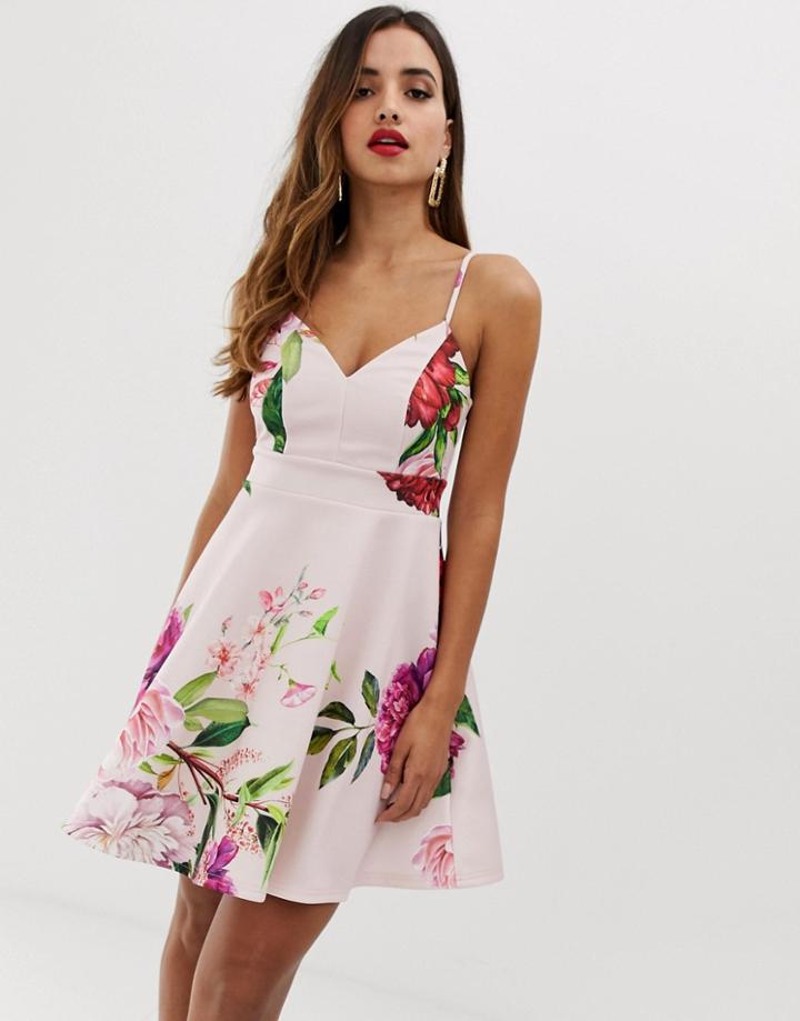 Lipsy Mini Scuba Skater Dress In Pink Floral