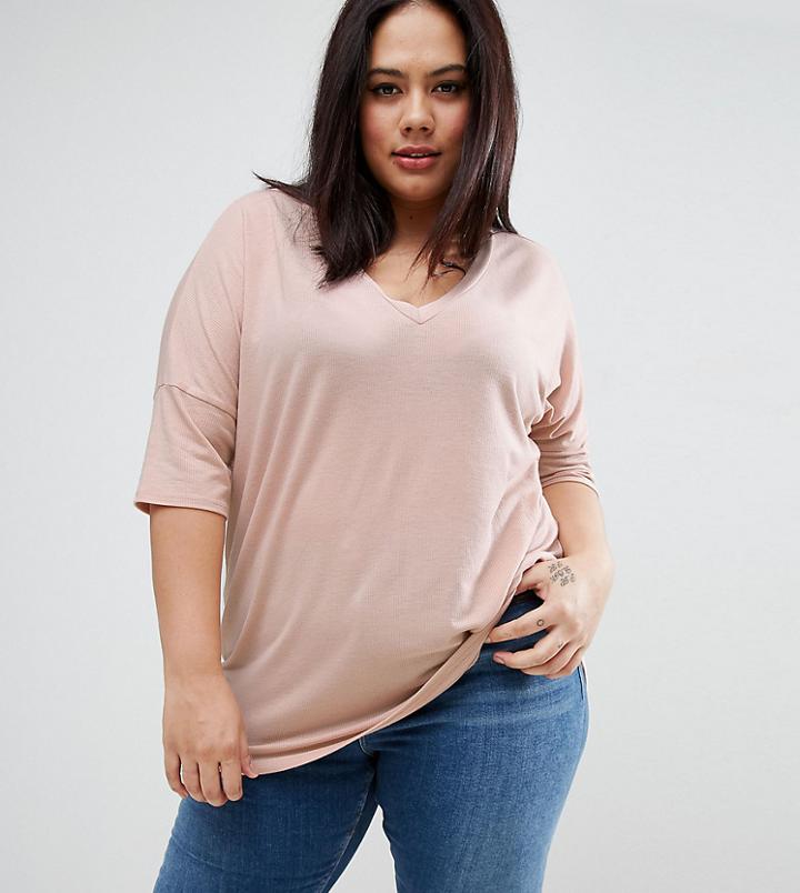 Asos Curve Oversized T-shirt With V Neck And Dip Back - Pink