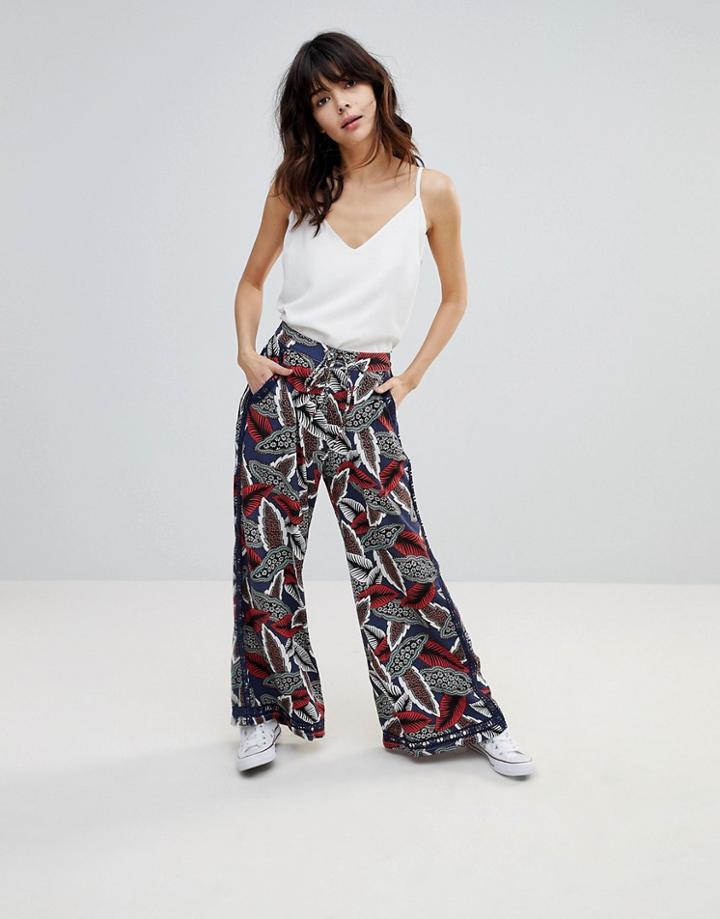 Hazel Leaf Printed Wide Leg Pants - Navy
