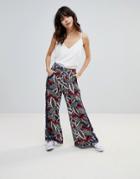 Hazel Leaf Printed Wide Leg Pants - Navy
