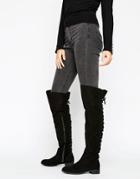 Office Hop Lace Back Flat Over The Knee Boots - Black