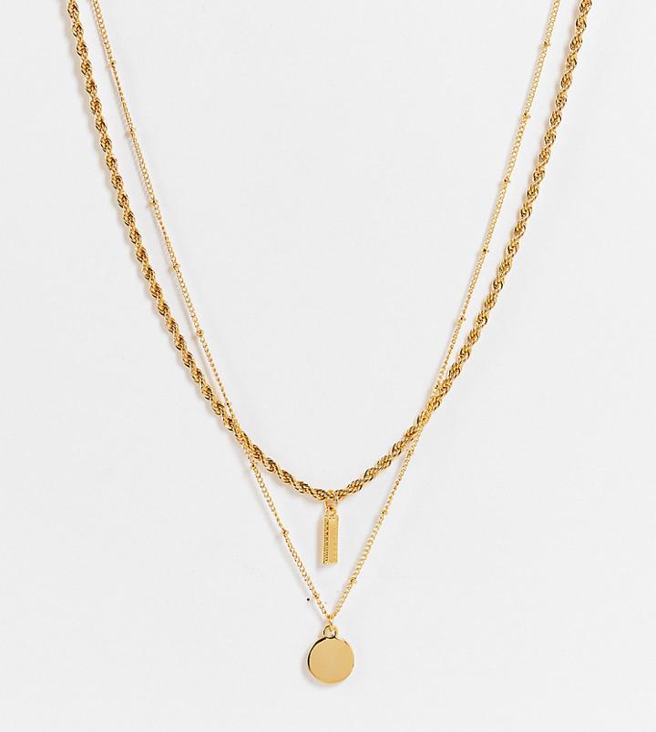 Asos Design 14k Gold Plated Pack Of 2 Necklaces With Bar And Disc Pendants