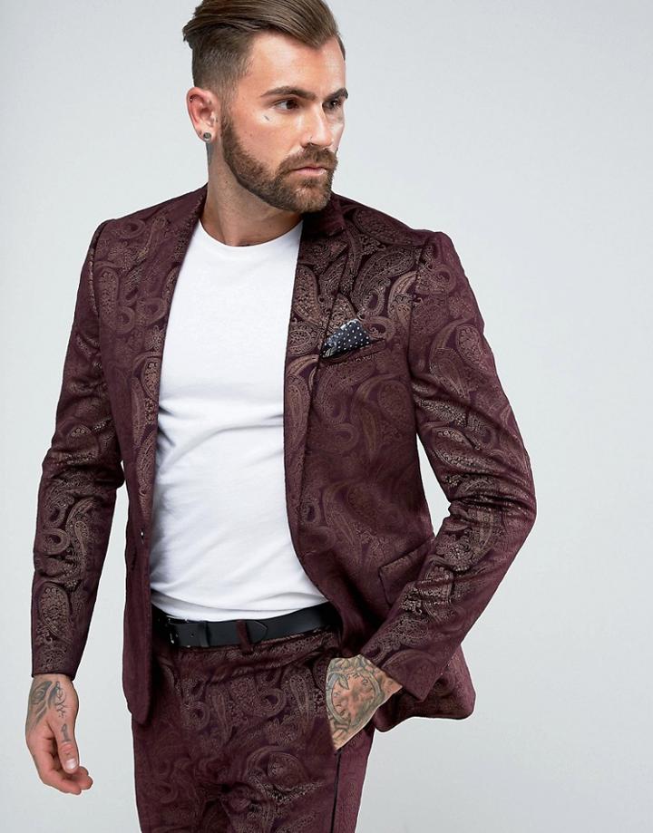 Asos Skinny Tuxedo Suit Jacket In Burgundy Velvet Paisley - Red