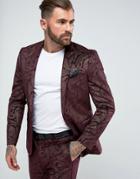 Asos Skinny Tuxedo Suit Jacket In Burgundy Velvet Paisley - Red