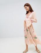 Anmol Midi Embroidered Plunge Neck Beach Dress With Frill Layer - Multi
