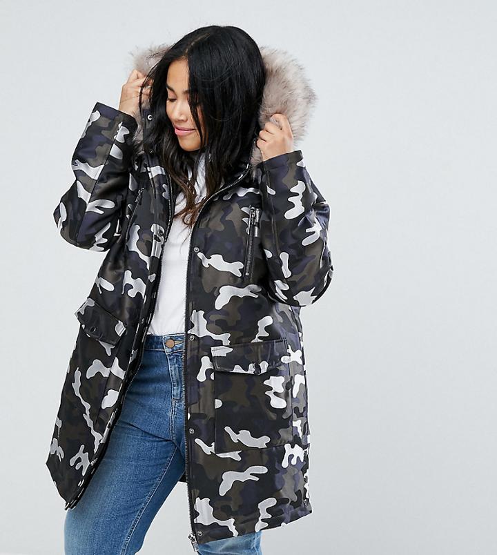 Asos Curve Parka In Camo Jacquard - Multi